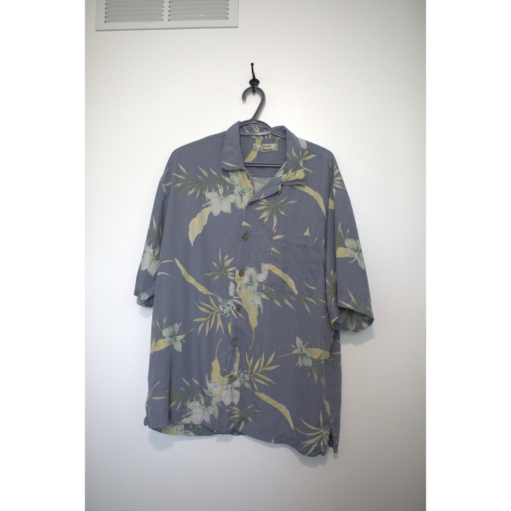 Tommy Bahama Mens Large Silk Tropical Floral Camp Shirt Blue Gray Short Sleeve